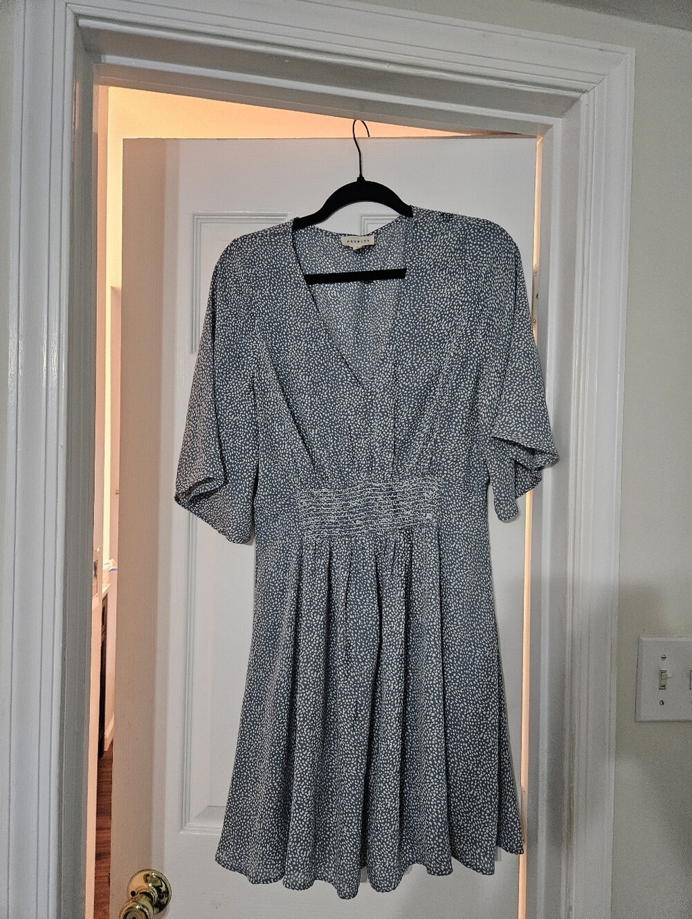 Promesa Gray & White Printed Smocked Waist Flutter Sleeve Dress